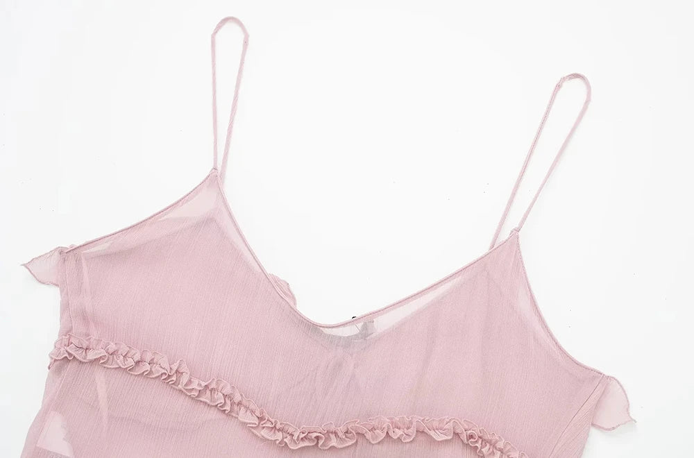 Women Fashion With Ruffled Front Tied Semi-sheer Tank Tops Sexy Backless Thin Straps Female Camis Mujer