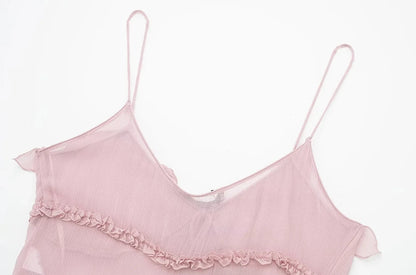 Women Fashion With Ruffled Front Tied Semi-sheer Tank Tops Sexy Backless Thin Straps Female Camis Mujer