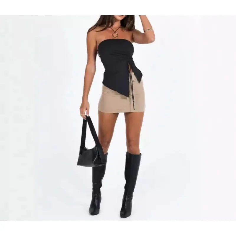 Women Tanks Solid Off Shoulder Asymmetric Drawstring Slit Casual Camis Elastic Sleeveless Female Crop Tops Summer Sexy Spicy