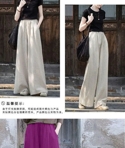 Linen Wide Leg Pants Women Casual Bohemian Loose Flowy Palazzo Pants Summer Spring