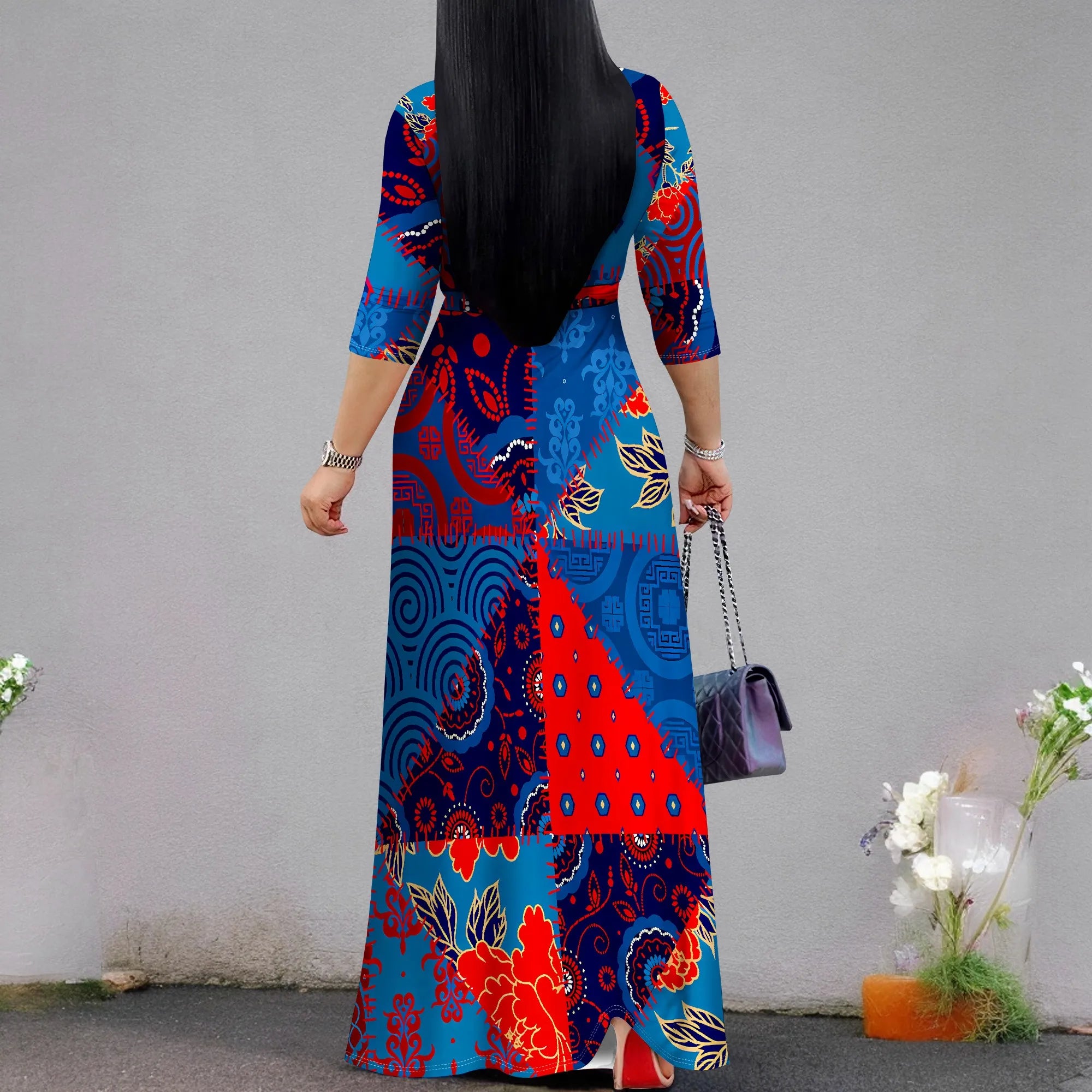 Plus Size Dresses for Women Print Maxi Dresses Flowy 3/4 Sleeve with Belt