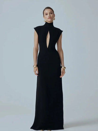 Solid Dresses For Women Fashion Sexy Streetwear Short Sleeves Turtleneck Hollow Out Sheer Long Vestidos Robes Female Elegant Fit