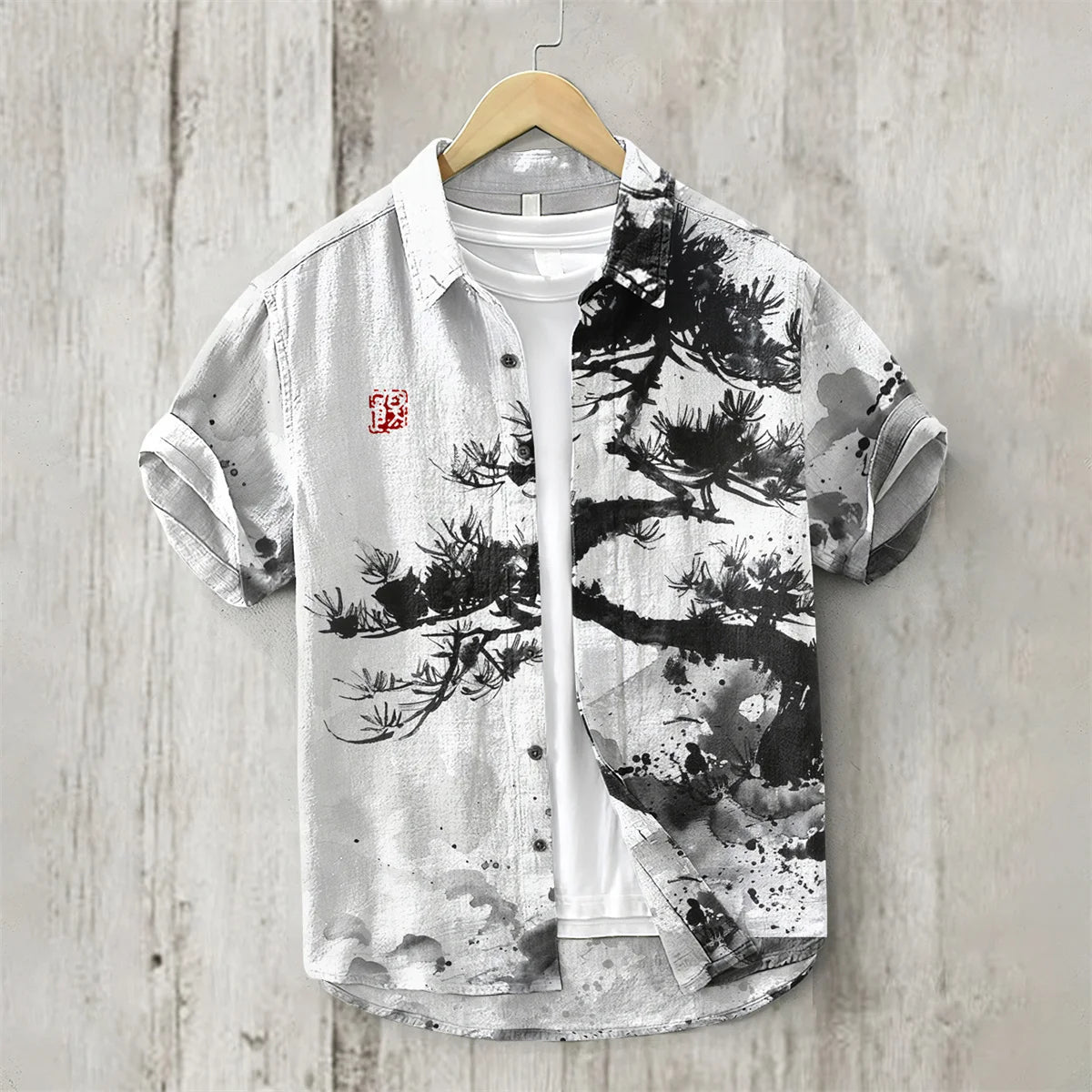 Linen Shirt for Men, 3D Print, Retro Japanese Art, Short Sleeve, Flip Collar, Casual Hawaii, Loose Beach Top, Pond, Fish, New,
