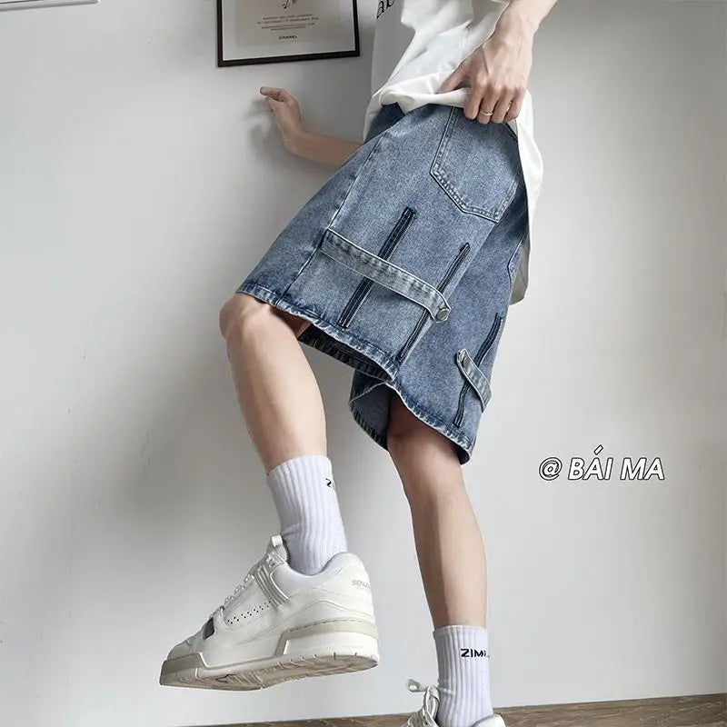 Denim Shorts Wear Five-point Summer Thin Style Trendy Street-fried Street-style Loose Straight Men&