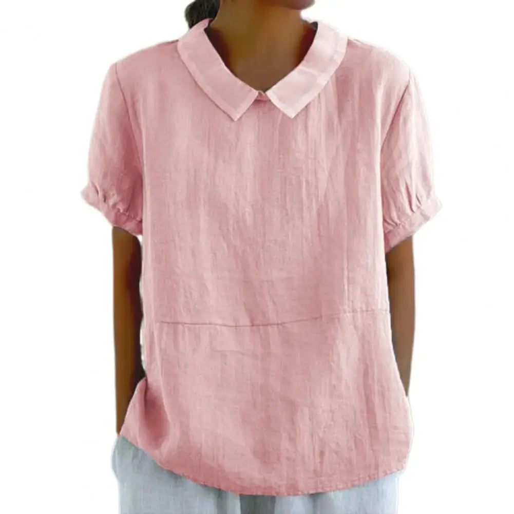 2026 Cotton Linen Women Blouse Lapel Short Sleeve Breathable Top Loose Fit Blouse Round Neck Soft Fabric Summer Blouse 80%