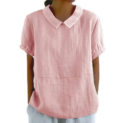 2026 Cotton Linen Women Blouse Lapel Short Sleeve Breathable Top Loose Fit Blouse Round Neck Soft Fabric Summer Blouse 80%
