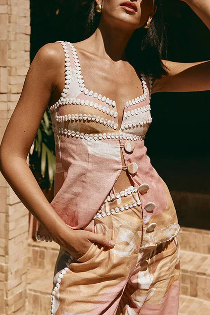 Women Sleeveless Top Two Pieces Matching Sets 2025 Summer Printed Patchwork Chic Outfit V Neck Fashion Simple Lady Suit Clothing