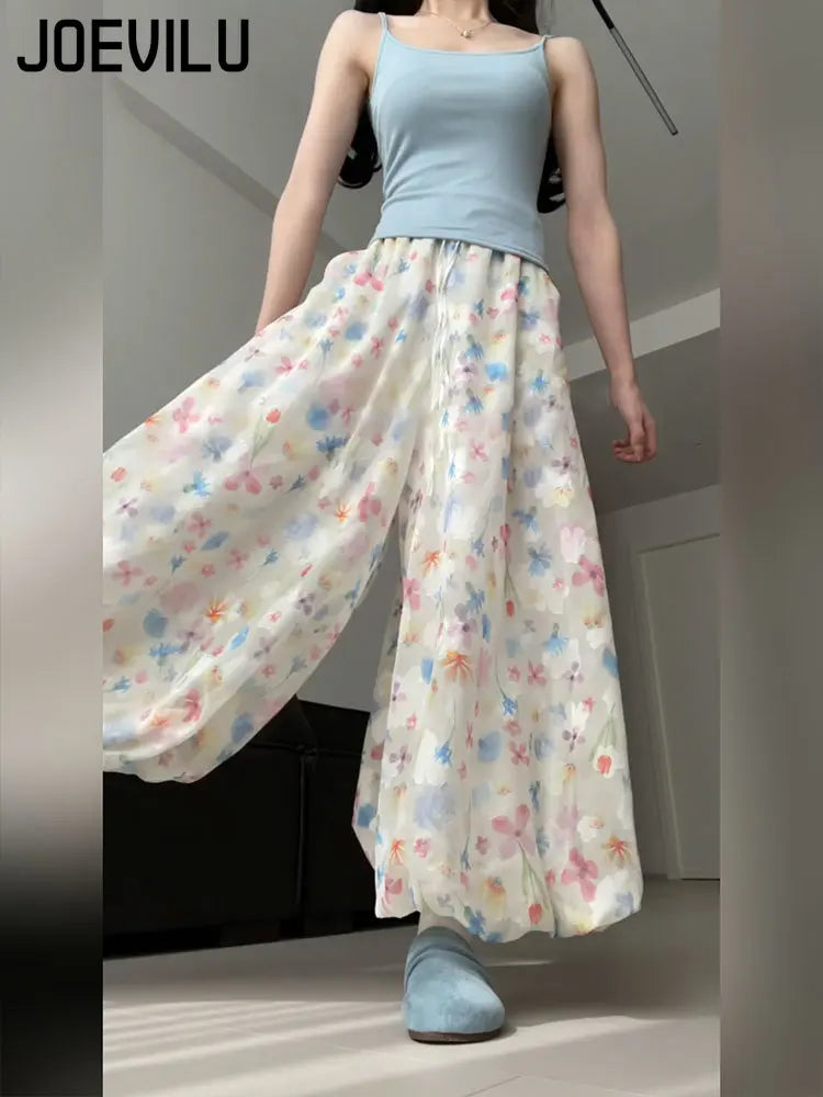 Summer French Style Floral Palazzo Pants Women High Waist Loose Boho Print Wide Leg Trousers with Drapery Comfortable &amp; Elegant