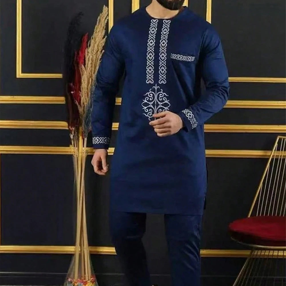 Kaftan Men Wedding Suits Groom Embroidered Pocket Top And Pants Kaunda Suit African casual Outfits Party Fashion Two-piece Set