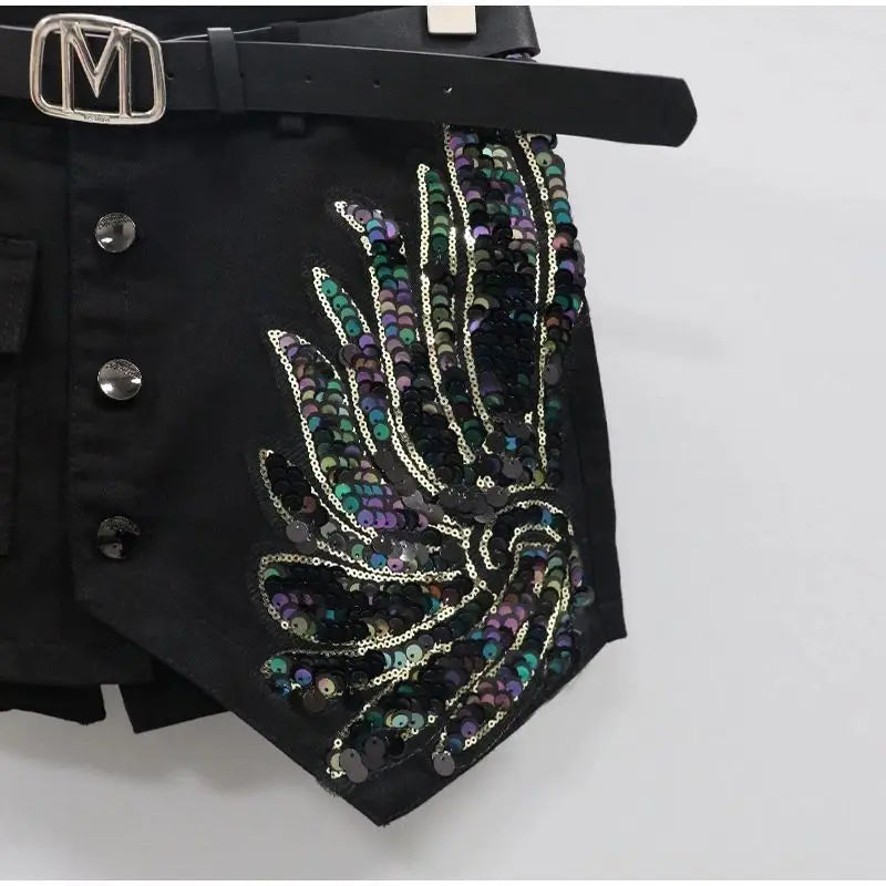 Fashion Sequin Denim Short Skirt Women Spring/Summer 2025 New Korean High Waist Slim Irregular Sexy Hot Pants White Black Casual