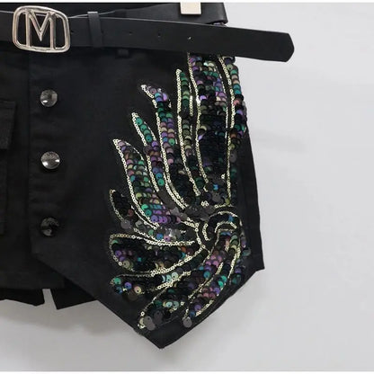 Fashion Sequin Denim Short Skirt Women Spring/Summer 2025 New Korean High Waist Slim Irregular Sexy Hot Pants White Black Casual