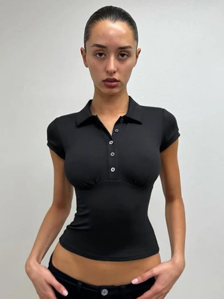 Turn-down Collar T Shirts For Women Streetwear Short Sleeve Crop Top Y2k Clothes Buttons Tshirt Solid Camisetas Slim Ropa Mujer