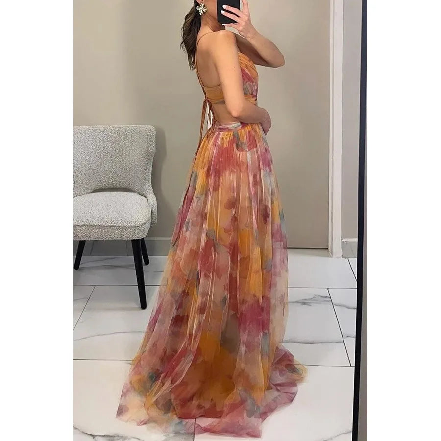 Women‘s Fashion Spring Autumn New Mesh Floral Print Beautiful Party Dress ladies Halter Dress INS Holiday Casual Long Dress