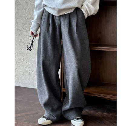 2025 Women Winter Autumn Thick Pants High Waist Wide Leg Warm Woolen Pants Fashion Clothes Vintage Pants Female Trousers