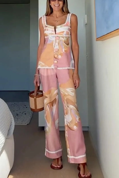 Women Sleeveless Top Two Pieces Matching Sets 2025 Summer Printed Patchwork Chic Outfit V Neck Fashion Simple Lady Suit Clothing