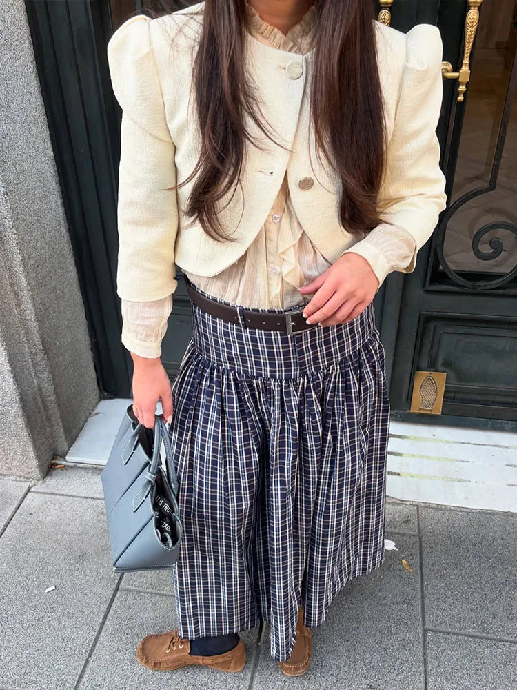 HH Woman Fashion Street Style Skirt Women Fashion Belted Plaid Midi Skirt Zipper Casual Long Skirt High Waist Chic Pleated Skirt