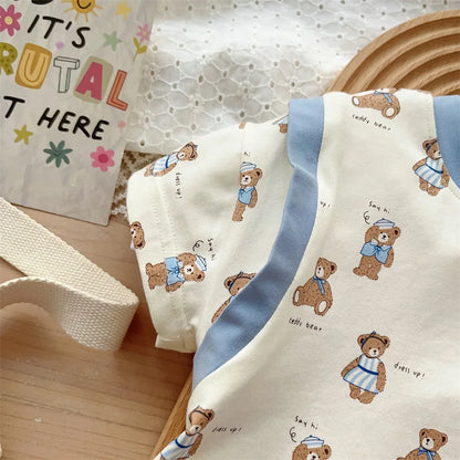 Kids Fashion: Short Sleeve Home Wear Set 2PCS , Thin Style with Cute Bear Prints, A Class Infant Clothing Set for Boys 3M-3Y
