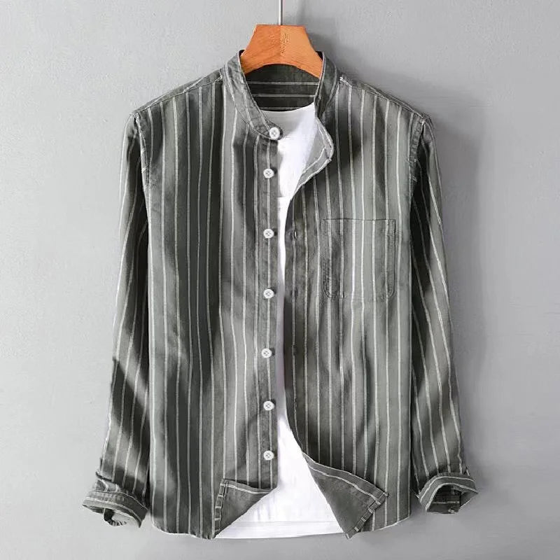 British Style Striped Cotton Linen Shirts For Men Long Sleeve Stand Collar Tops Spring Autumn Fashion Comfort Shirts Streetwear