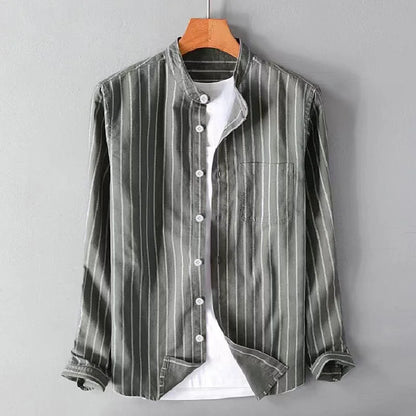 British Style Striped Cotton Linen Shirts For Men Long Sleeve Stand Collar Tops Spring Autumn Fashion Comfort Shirts Streetwear