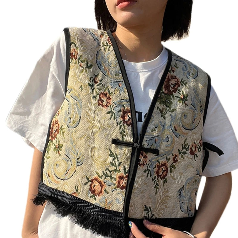 Vintage Floral Embroidery Printed Cardigan Vest Womens Elegant Sleeveless Tops Spring Summer Female Clothing Dropshipping