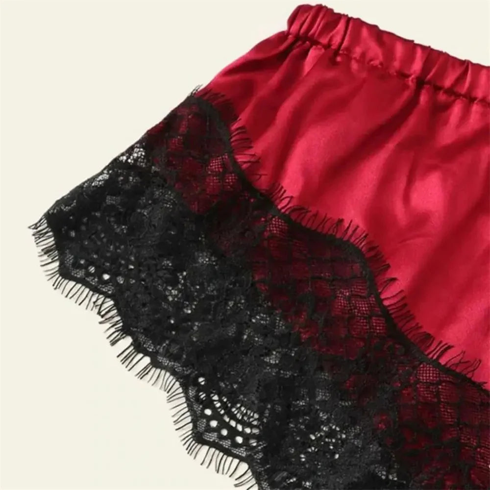 Women Pajamas Set Sexy Satin Lace Sleepwear Lingerie Ladies Elastic Suspender Shorts  Nightwear Suits Sleeveless Underwear Tops