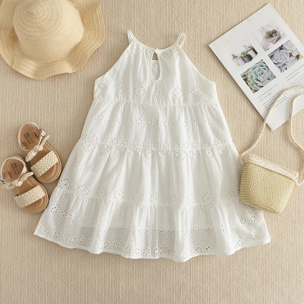 2026 Kids Clothing Korean Dress for Girls Solid Color Lace Hollow-out Suspenders Dresses Plain Cotton Girls Summer Clothes