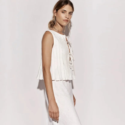 Fashion Bow Lace Up Shirts Women Cotton Linen Hollow Out Sleeveless Pleated Blouses Woman 2025 Summer New Casual Lady White Tops