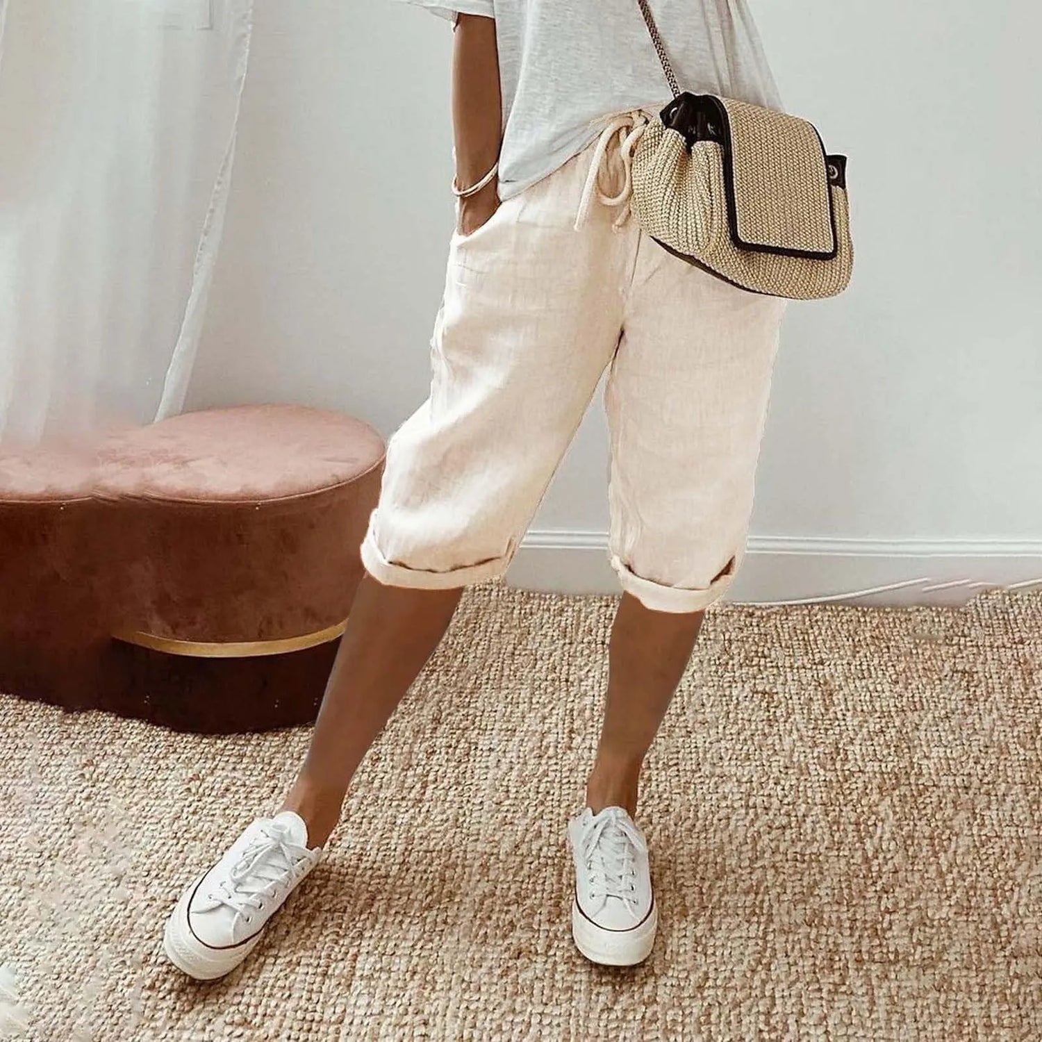 Casual Cotton Linen Pants For Female Streetwear Solid Color Wide Leg Capri Versatile Palazzo Pants Baggy Cargo Pants With Pocket