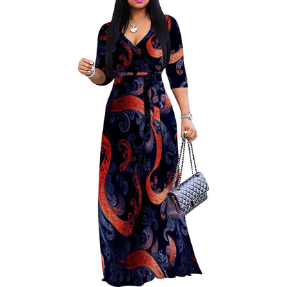 Plus Size Dresses for Women Print Maxi Dresses Flowy 3/4 Sleeve with Belt