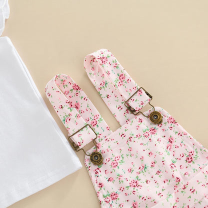Kids Clothes Girls Summer Outfits Children Clothing Short Sleeve Round Neck Tops + Flowers Printed Suspender Short Pants Set