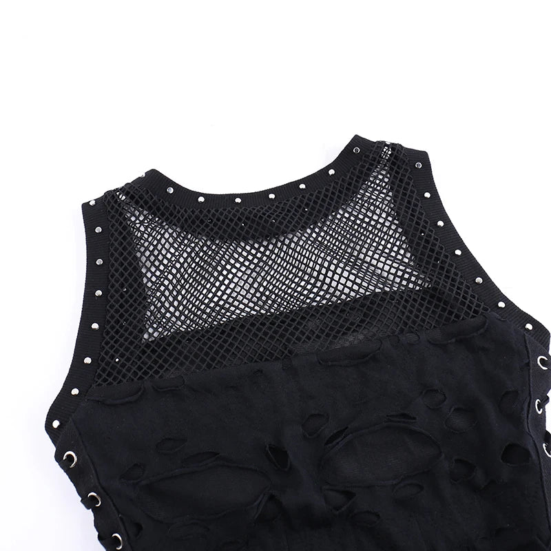 Gothic Tops Punk Tanks T-Shirt Women Sexy Fishnet Backless Steampunk Vest Clubwear for Party