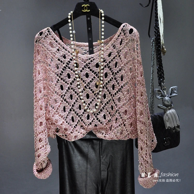 Fall Clothes for Women 2024 Fashion Sexy  Sequins Hollow Out Loose Gold Bright Silk Gown Bats Long-sleeved Round Collar Knitting