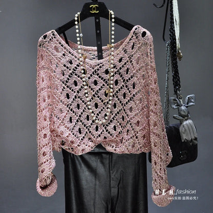 Fall Clothes for Women 2024 Fashion Sexy  Sequins Hollow Out Loose Gold Bright Silk Gown Bats Long-sleeved Round Collar Knitting