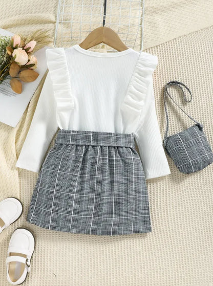 4-7Y Children Girls Clothing Outfit Solid Color Long Sleeve Ruffle Tops+Plaid Skirt With Belt+Bag Kids Girl Costume 3Pcs Set