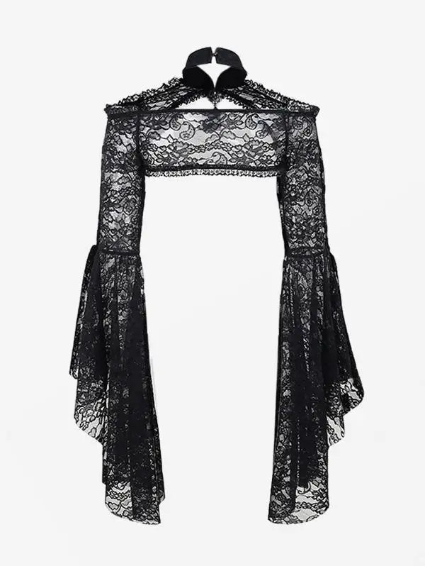 Gothic Crop Tops for Women, Black Flare Sleeves Floral Paisley Lace Panel Cut Out Halloween Shurg Top