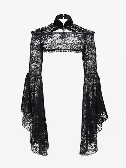 Gothic Crop Tops for Women, Black Flare Sleeves Floral Paisley Lace Panel Cut Out Halloween Shurg Top