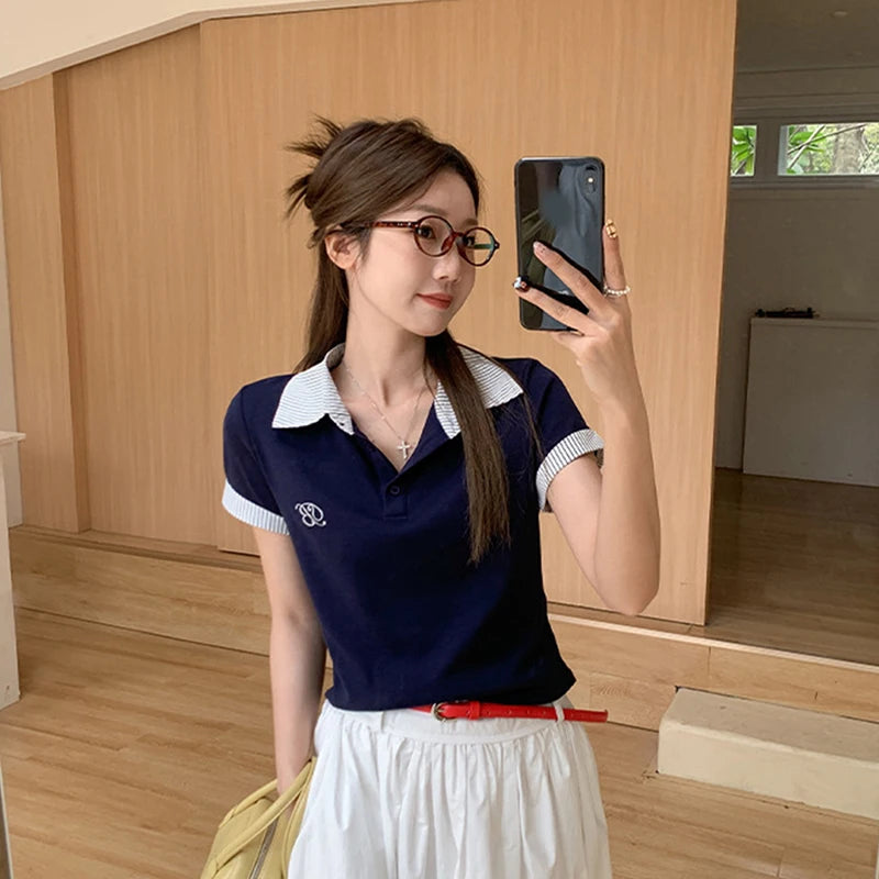 Chic Spliced Striped Lapel Short Sleeve T-Shirts Women Stylish Embroidery Buttons Navy Blue Tees Preppy Style Skinny Slim Tops