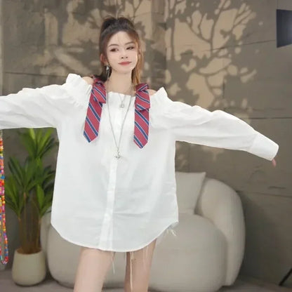 2025 Blusas De Mujer Autumn Blouse for Women Slashn Neck Patchwork Loose Shirts Fashion Single Breasted Oversized Blouses Tops
