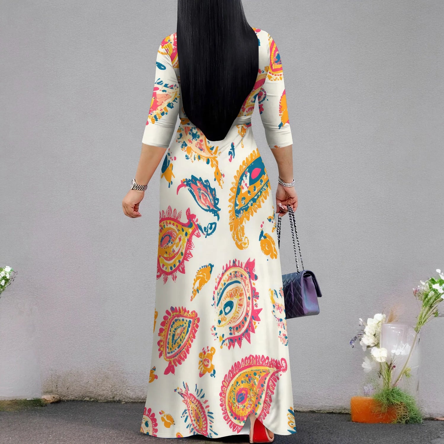 Plus Size Dresses for Women Print Maxi Dresses Flowy 3/4 Sleeve with Belt