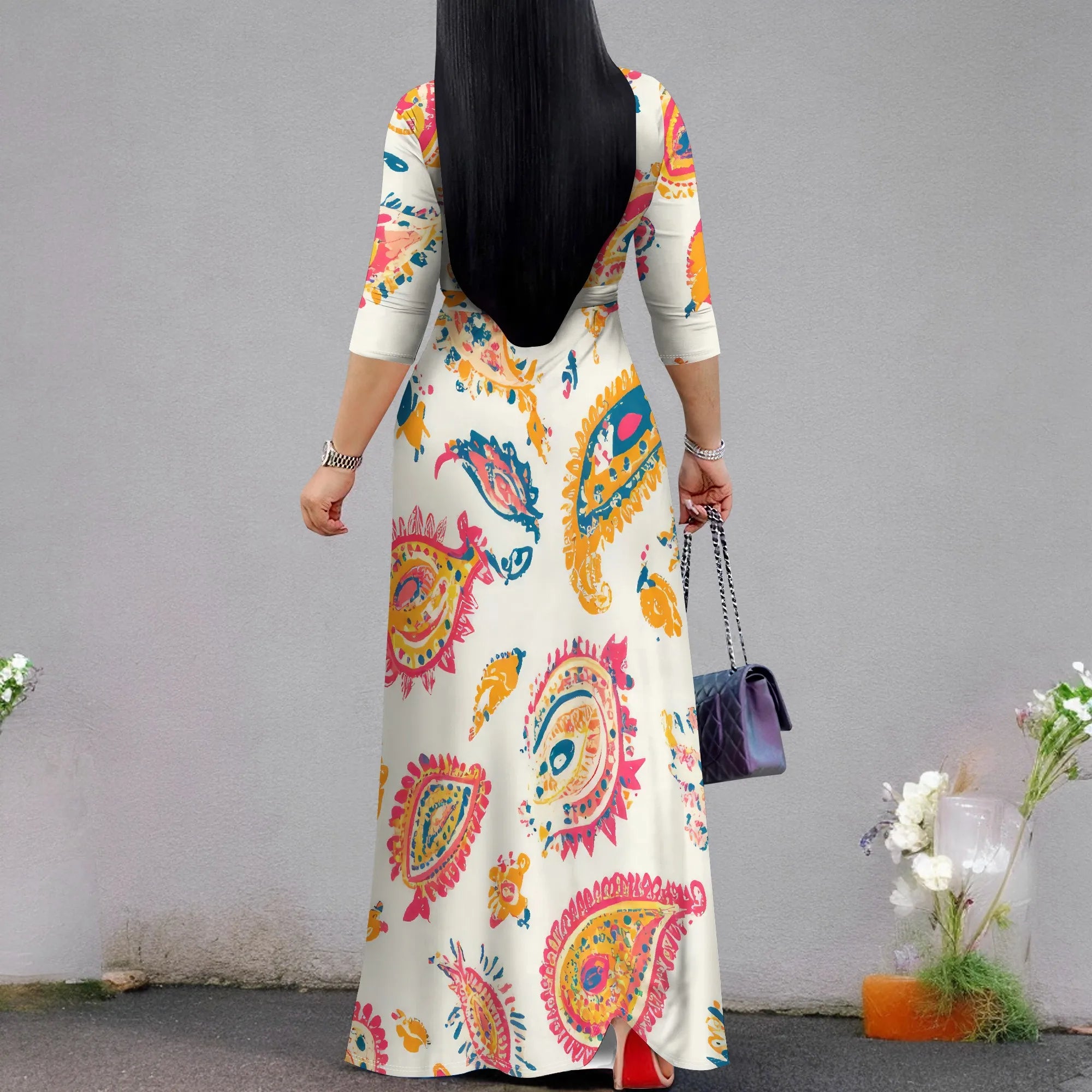 Plus Size Dresses for Women Print Maxi Dresses Flowy 3/4 Sleeve with Belt