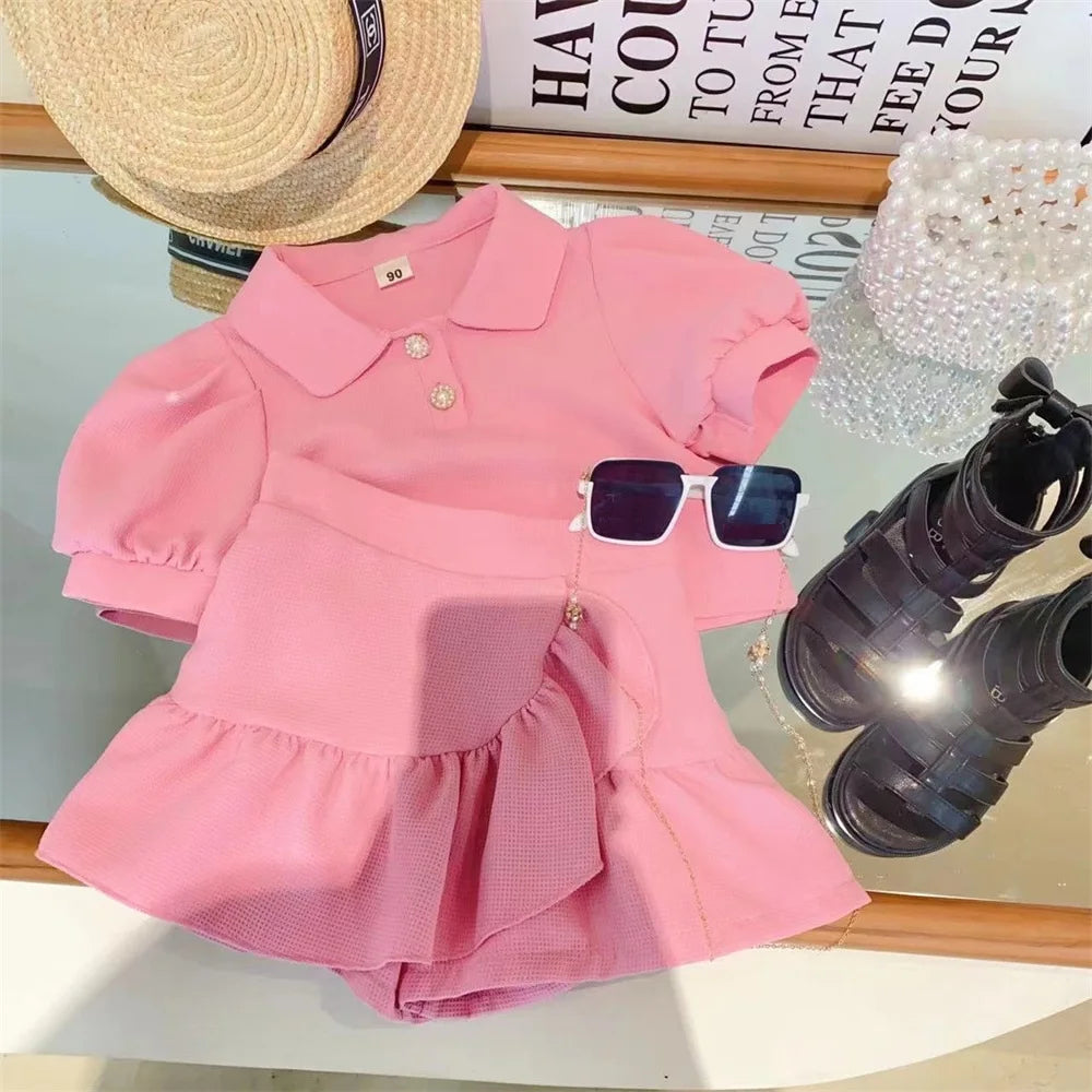 new summer girl clothes 2pc/set  top shirt+ skirt  children baby kids students fashion 90-140 3-8year fashion lovely solid
