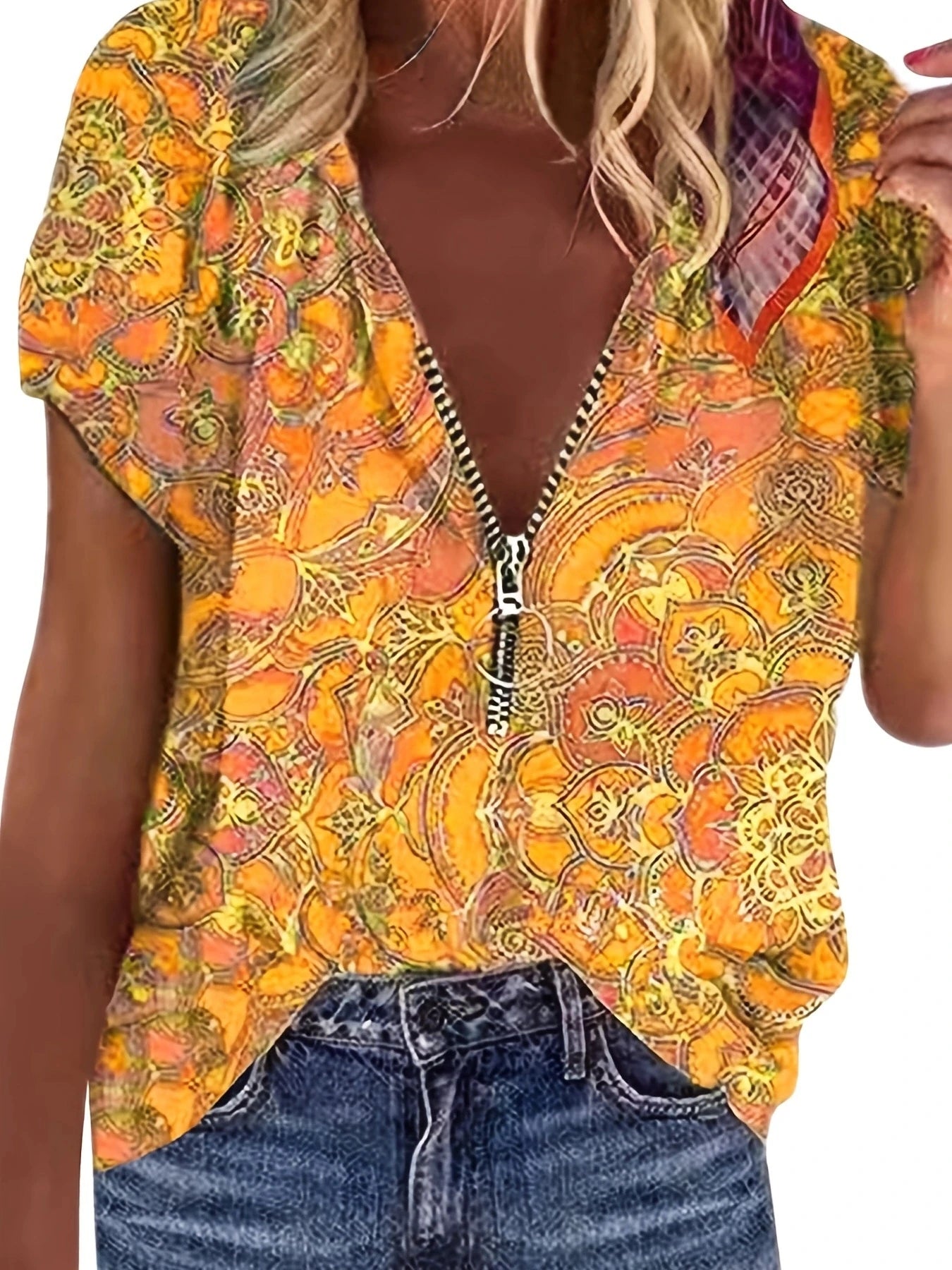Women Fashion Short Sleeve Printed Zippered Top