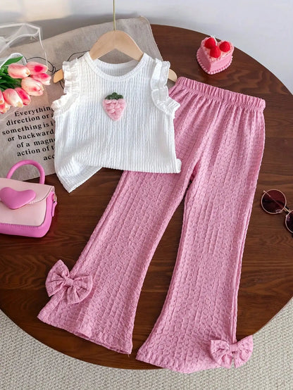Fresh and sweet style, white strawberry decorated sleeveless top meets pink purple bow micro flared pants