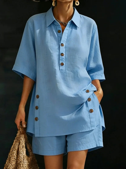 casual loose button shirts shorts two piece sets women fashion half sleeve spllit shirts suits summer elegant shorts outfits