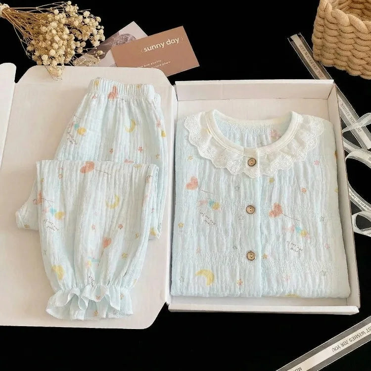 Summer Child Clothing Sets in Air-conditioned Room Girls Breathable Comfortable Long Sleeve Lace Home Clothes Sets Kids Pajamas