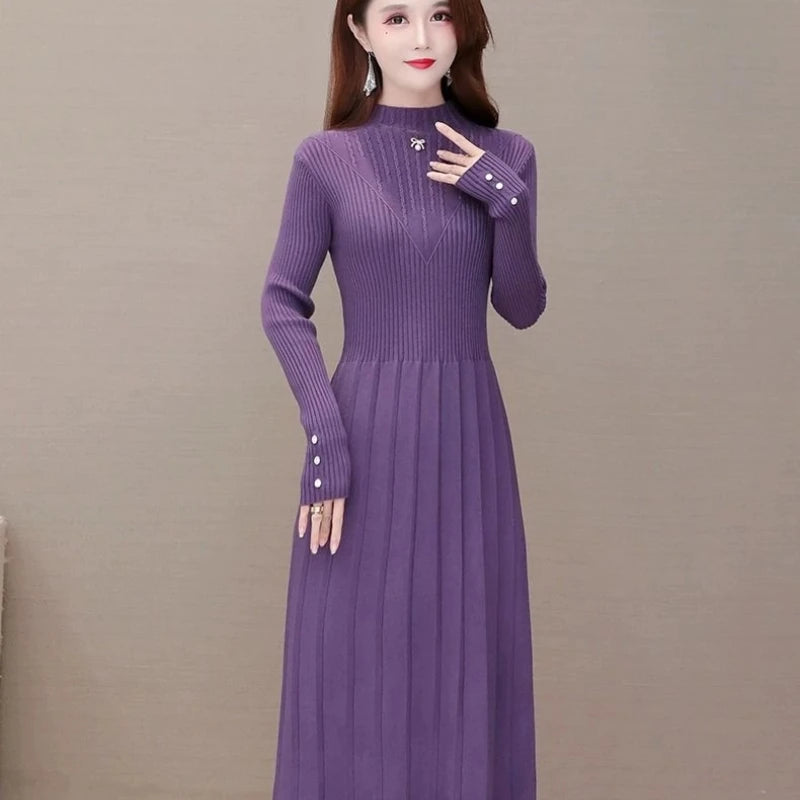 Elegant Fashion Women Dresses With Lace Trim And Knit Design For Autumn Winter