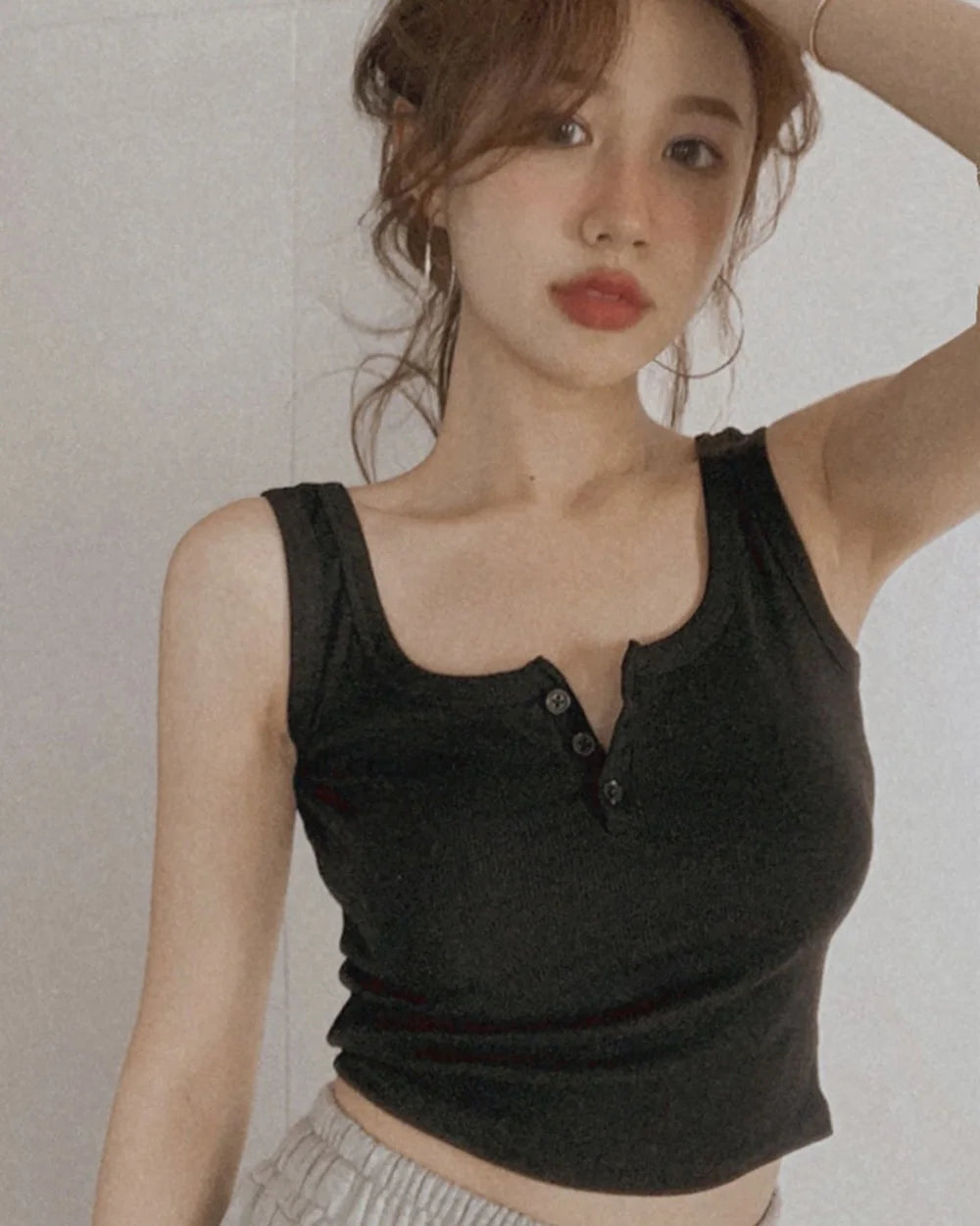 Tank Top for Women Ribbed Button Down Sleeveless Blouse Solid Color Casual Women&