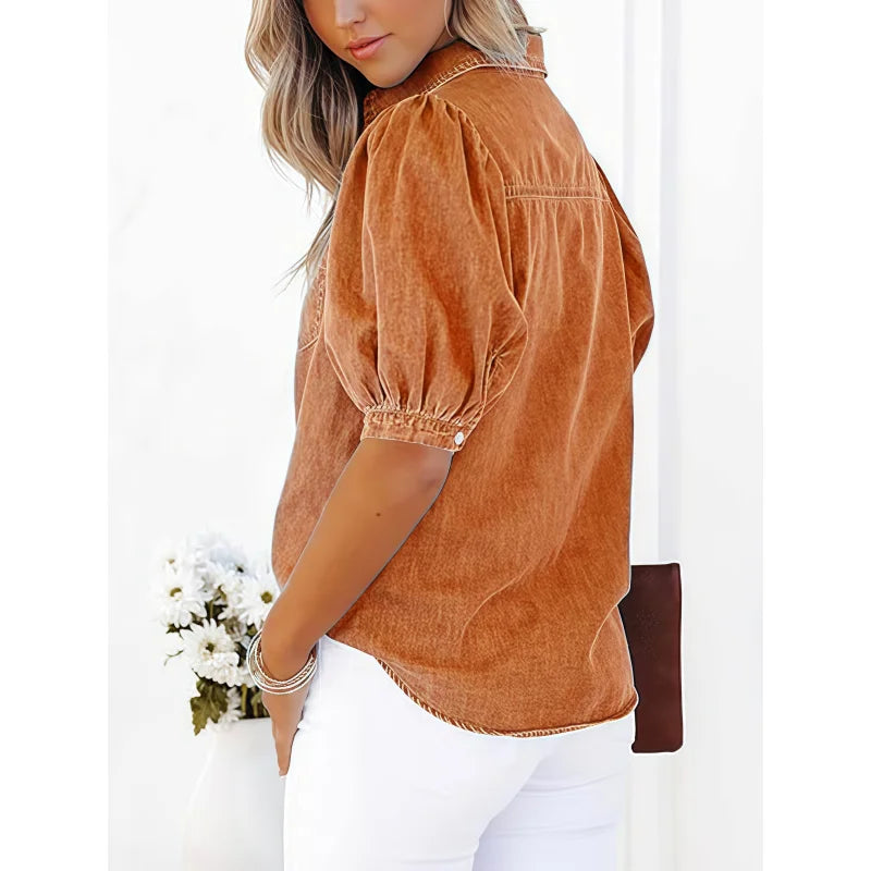 Women’s Casual Short Sleeve Shirt Loose Button Cotton Blouse Lightweight Breathable Summer Office Workwear Elegant Style