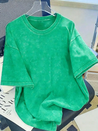 Solid Cotton Washed T-Shirts Men Summer Vintage Breathable Short Sleeve Street Sport Hip Hop Streetwear Fashion All-Match Tops