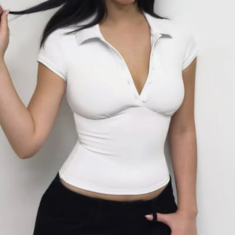 Turn-down Collar T Shirts For Women Streetwear Short Sleeve Crop Top Y2k Clothes Buttons Tshirt Solid Camisetas Slim Ropa Mujer